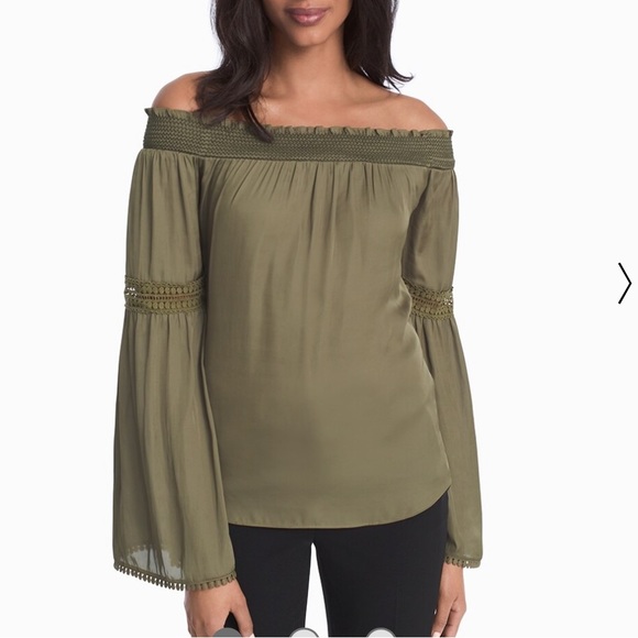 White House Black Market Tops - WHBM Olive Green Off-The-Shoulder Lace Trim Blouse Small